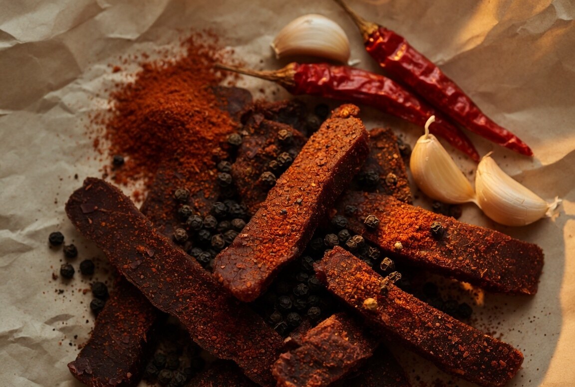 Cajun pepper biltong with paprika, cracked peppercorns, garlic and dried cayenne.