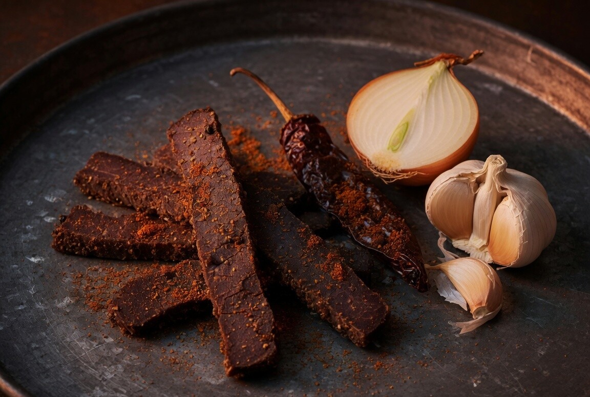 Chipotle biltong with a dried chipotle pepper, onion and garlic.