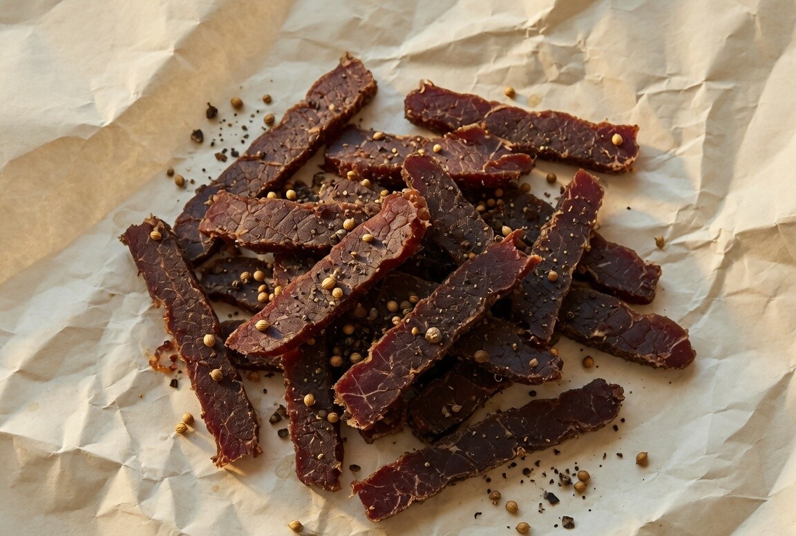 Traditional biltong strips with coriander seeds on butcher paper.