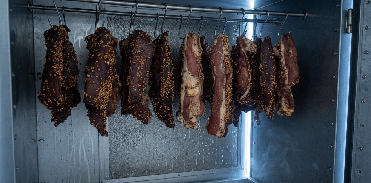 Beef biltong hanging from steel hooks in a drying cabinet, crusted with coriander.