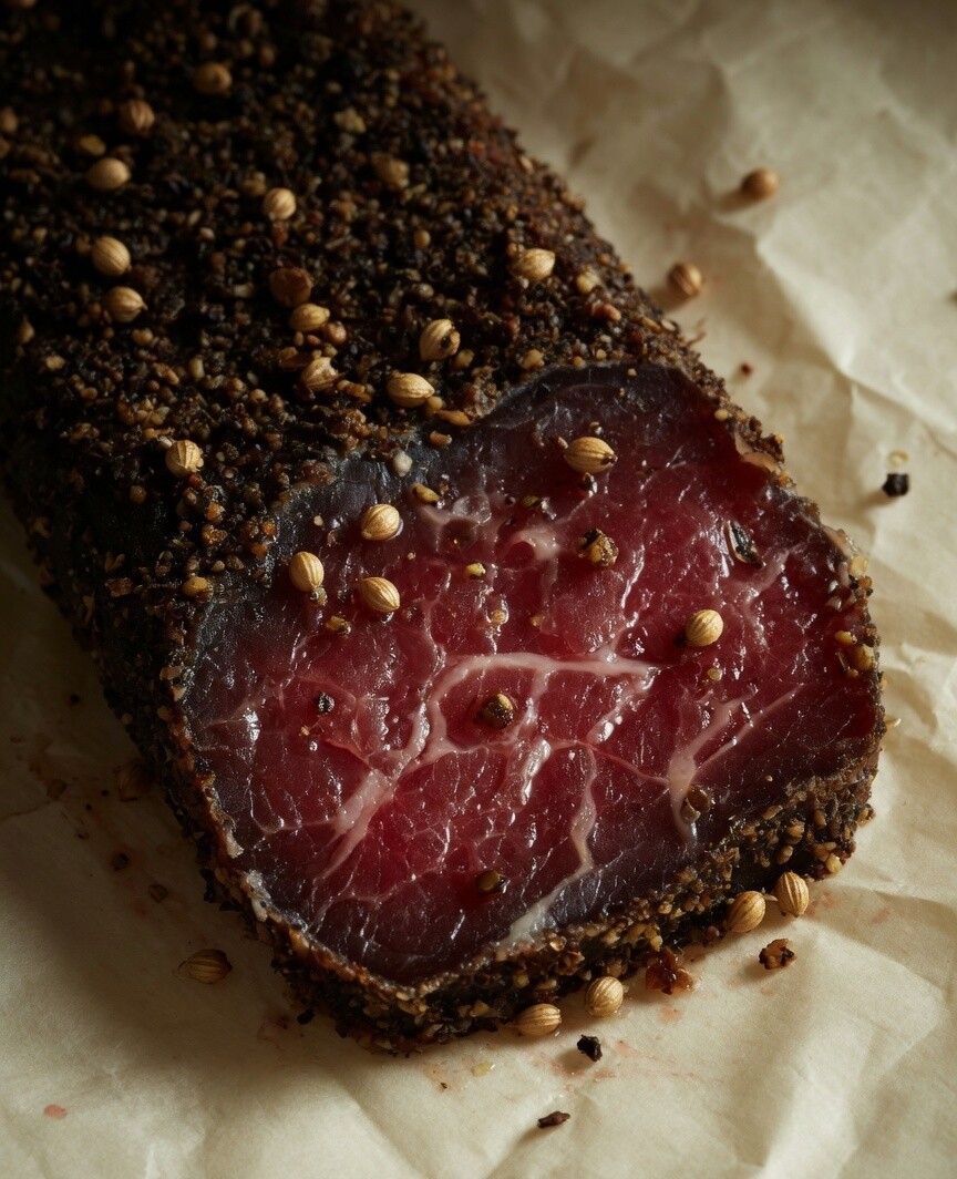 A wet-style biltong slab, ruby-red and still juicy inside.